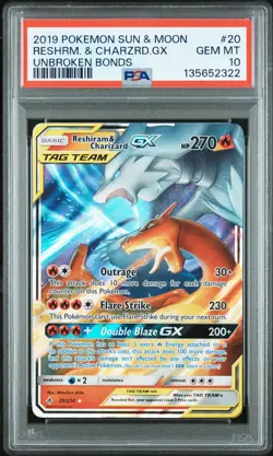 2019 POKEMON SUN & MOON UNBROKEN BONDS #20 RESHIRAM & CHARIZARD GX PSA 10 - Image 1