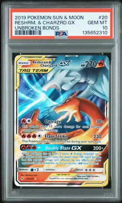 2019 POKEMON SUN & MOON UNBROKEN BONDS #20 RESHIRAM & CHARIZARD GX PSA 10 - Image 1