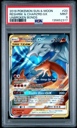 2019 POKEMON SUN & MOON UNBROKEN BONDS #20 RESHIRAM & CHARIZARD GX PSA 9 - Image 1