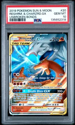 2019 POKEMON SUN & MOON UNBROKEN BONDS #20 RESHIRAM & CHARIZARD GX PSA 10 - Image 1