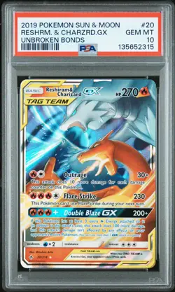 2019 POKEMON SUN & MOON UNBROKEN BONDS #20 RESHIRAM & CHARIZARD GX PSA 10 - Image 1