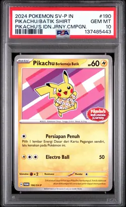 2024 POKEMON INDONESIAN SV-P PROMO #190 PIKACHU IN BATIK SHIRT PSA 10 - Image 1