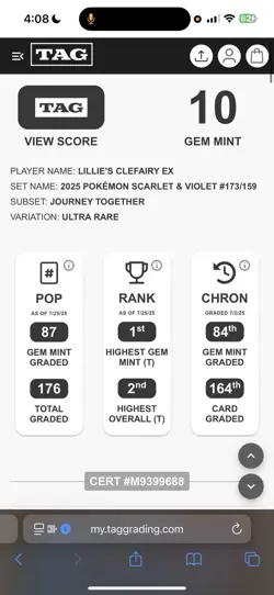 Lillie’s Clefairy ex 173 - Pokemon Journey Together TAG Gem Mint 10 #2 Overall - Image 3