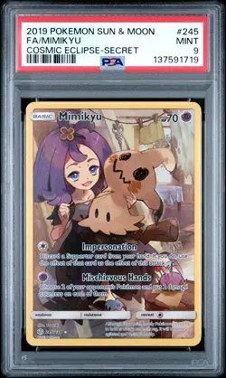 2019 POKEMON SUN & MOON COSMIC ECLIPSE SECRET #245 FULL ART/MIMIKYU PSA 9 - Image 1