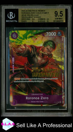RORONOA ZORO GOLD STAMP OP-06 PRE-RELEASE TW 2022-24 ONE PIECE PRM P045 BGS 9.5 - Image 1