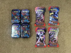 Pokemon TCG Lot - 4 Mega Evolution Mini Tins + 4 Destined Rivals Booster Packs - Image 1