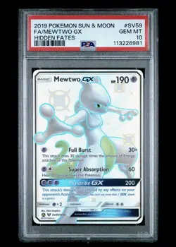 PSA 10 GEM MINT 2019 Pokemon Sun & Moon Hidden Fates #SV59 FA/Mewtwo GX - Shiny - Image 1