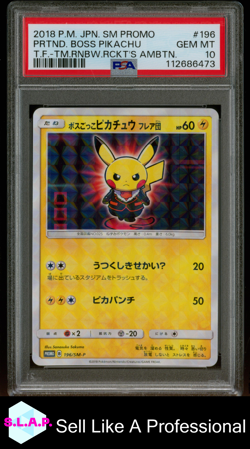 PRTND. BOSS PIKACHU T.F.-TM.RNBW.RCKT'S AMBTN. POKEMON JP SM PRM 2018 196 PSA 10 - Image 1