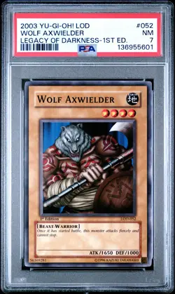 2003 YU-GI-OH! LOD-LEGACY OF DARKNESS 1ST ED #052 WOLF AXWIELDER PSA 7 - Image 1