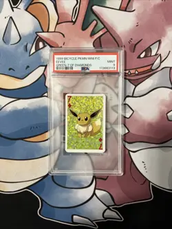 PSA 9 MINT 1999 BICYCLE POKEMON MINI PLAYING CARDS Green 7 of Diamonds Eevee - Image 1