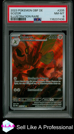 SCIZOR ILLUSTRATION RARE POKEMON GERMAN OBF DE-OBSIDIAN FLAMES 2023 205 PSA 8 - Image 1