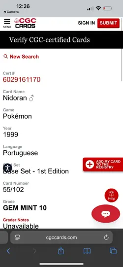 SACGC Nidoran o Pokemon (1999) Portuguese Base Set 1st Edition 55/102 Gm Mt 10 - Image 3
