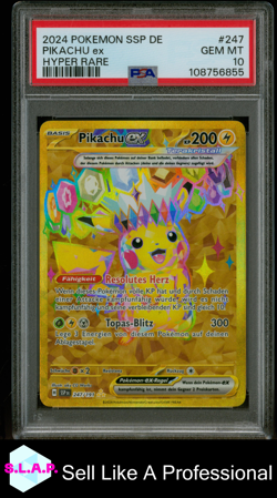 PIKACHU EX HYPER RARE POKEMON GERMAN SSP DE-SURGING SPARKS 2024 247 PSA 10 - Image 1