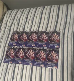 One Piece TCG The Azure Sea's Seven 10 Sleeved Booster Packs In Hand - Image 2