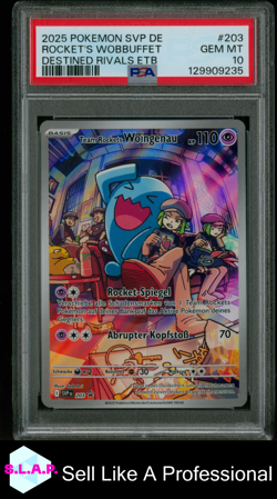 ROCKET'S WOBBUFFET DESTINED ETB POKEMON SVP DE-SV BLCK STR PRM 2025 203 PSA 10 - Image 1