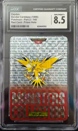 1996 BANDAI CARDDASS POKEMON - PART 2 RED CARD, PRISM HOLO #145 ZAPDOS CGC 8.5 - Image 1