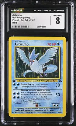 CGC 8 Articuno 1999 Fossil 1st Edition 2/62 Holo Pokemon Card - Image 1