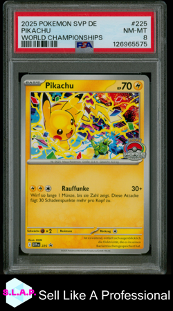 PIKACHU WORLD CHAMPIONSHIPS POKEMON GER SVP DE-SV BLACK STAR PRM 2025 225 PSA 8 - Image 1