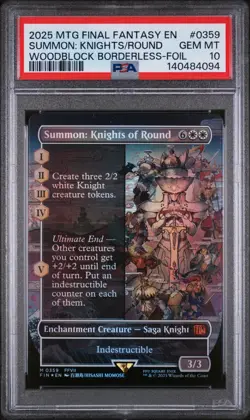 2025 MTG FINAL FANTASY WOODBLOCK BORDERLESS-FOIL SUMMON: KNIGHTS OF ROUND PSA 10 - Image 1