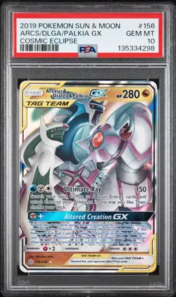 2019 POKEMON SUN & MOON COSMIC ECLIPSE #156 ARCEUS & DIALGA & PALKIA GX PSA 10 - Image 1