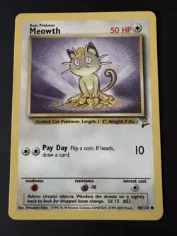 Meowth Pokemon Card Common Base Set 2 - 80/130 1999 - Image 1