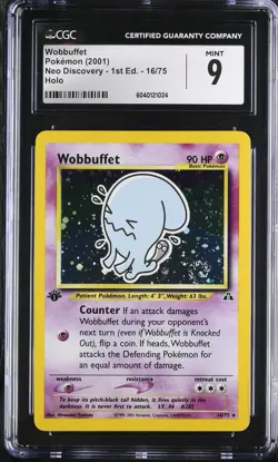 1ST EDITION WOBBUFFET (SWIRL) #16 HOLO CGC 9 2001 POKEMON NEO DISCOVERY - Image 1