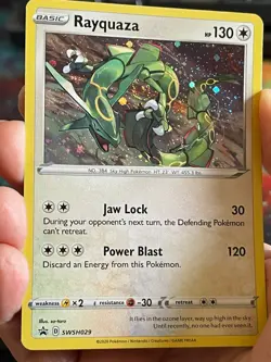 POKEMON RAYQUAZA SWSH029 BLACK PROMO STAR COSMOS WITH SWIRL HOLOFOIL NM CARD - Image 1