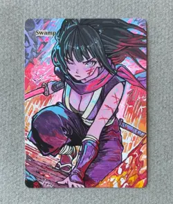Magic MTG Altered Painted Swamp Ninja Assassin Anime Girl by white_alters - Image 1