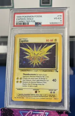 1999 POKEMON FOSSIL CORRECTED FOIL #15 ZAPDOS-HOLO PSA 4 - Image 1