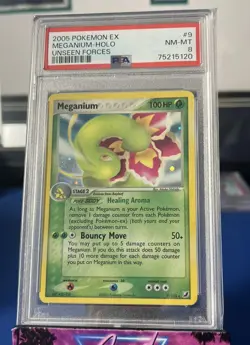 2005 POKEMON EX UNSEEN FORCES #9 MEGANIUM-HOLO PSA 8 - Image 1