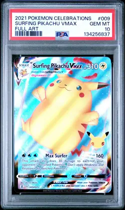 2021 POKEMON CELEBRATIONS #009 FULL ART/SURFING PIKACHU VMAX PSA 10 - Image 1