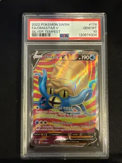 2022 POKEMON SWORD & SHIELD SILVER TEMPEST #174 FULL ART/OMASTAR V PSA 10 - Image 1