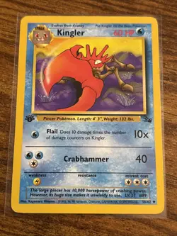 Pokemon TCG Kingler Base Fossil Set, 1st Edition Uncommon Card 38/62 - Image 1
