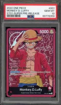 One Piece CCG Monkey.D.Luffy Super Pre-Release ST01-001 PSA 10 Gem Mint - Image 1