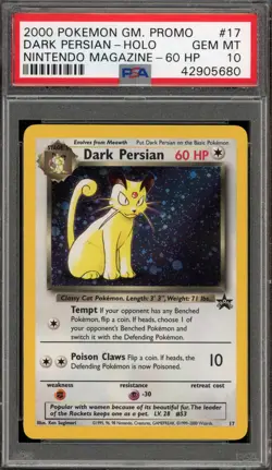 Pokemon Dark Persian Nintendo Magazine 60 HP Black Star Holo Promo #17 PSA 10 - Image 1