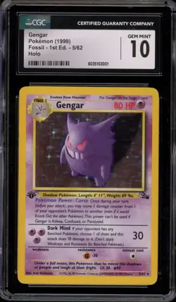 Pokemon Gengar Fossil 1st Edition Holo Rare #5 CGC 10 Gem Mint - Image 1