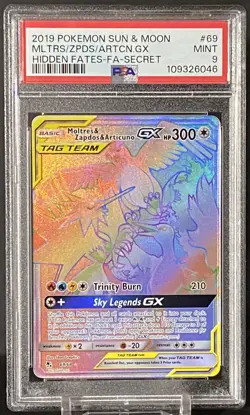 Pokemon Sun & Moon Hidden Fates 69/68 Moltres Zapdos Articuno Tag Team GX PSA 9 - Image 1