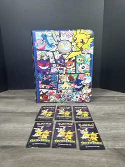 Pokemon Large Card Binder Holds 900 Cards Ash Misty Brock 6 Trick Trade Packs - Image 1