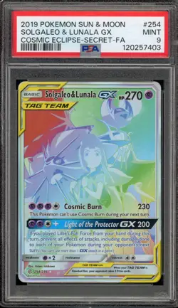 Pokemon Solgaleo & Lunala GX Cosmic Eclipse Secret Rare Full Art #254 PSA 9 Mint - Image 1