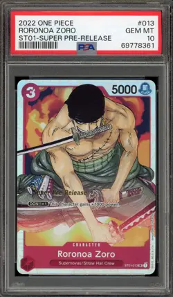 One Piece CCG Roronoa Zoro Super Pre-Release ST01-013 PSA 10 Gem Mint - Image 1