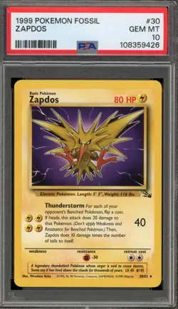 Pokemon Zapdos Fossil Unlimited NON Holo Rare #30 PSA 10 Gem Mint - Image 1