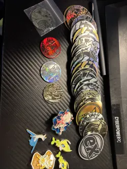 Small 27 Lot Of Pokemon Coins + 5 Pins TCG Pokemon Game - Image 1
