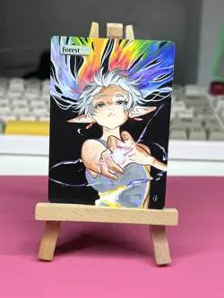 Hand Painted Altered Art Mtg land card Anime Forest Girl Elf - Image 2