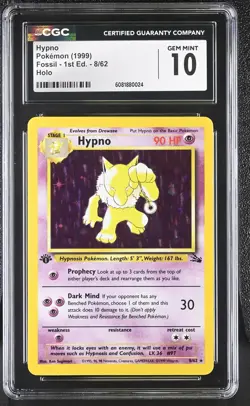 CGC 10 GEM MINT Hypno 1999 Fossil 1st Edition 8/62 Holo Pokemon Card - Image 1
