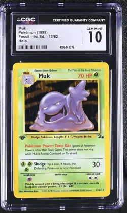 CGC 10 GEM MINT Muk 1999 Fossil 1st Edition 13/62 Holo Pokemon Card - Image 1