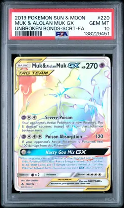 2019 POKEMON SUN & MOON UNBROKEN BONDS #220 FULL ART/MUK & ALOLAN MUK GX PSA 10 - Image 1