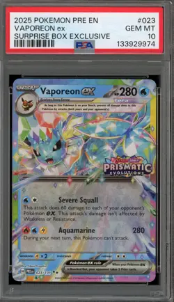 Pokemon Vaporeon ex Prismatic Evolutions Surprise Bx. Exclus. Promo #023 PSA 10 - Image 1