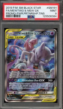 Pokemon Mewtwo & Mew GX Power Partnership Tins Full Art Promo SM191 PSA 9 Mint - Image 1