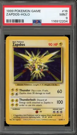 Pokemon Zapdos Base Set Unlimited Holo Rare #16 PSA 9 Mint - Image 1