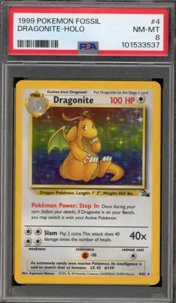 Pokemon Dragonite Fossil Unlimited Holo Rare #4 PSA 8 - Image 1